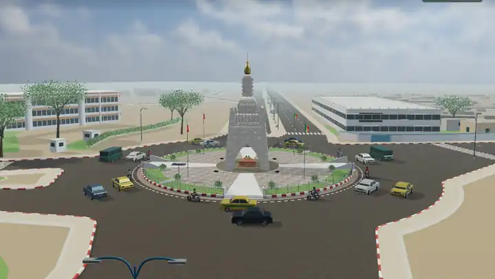 Animation: the camera circles the 3D Monument de l'Indépendance while cars drive around the roundabout.