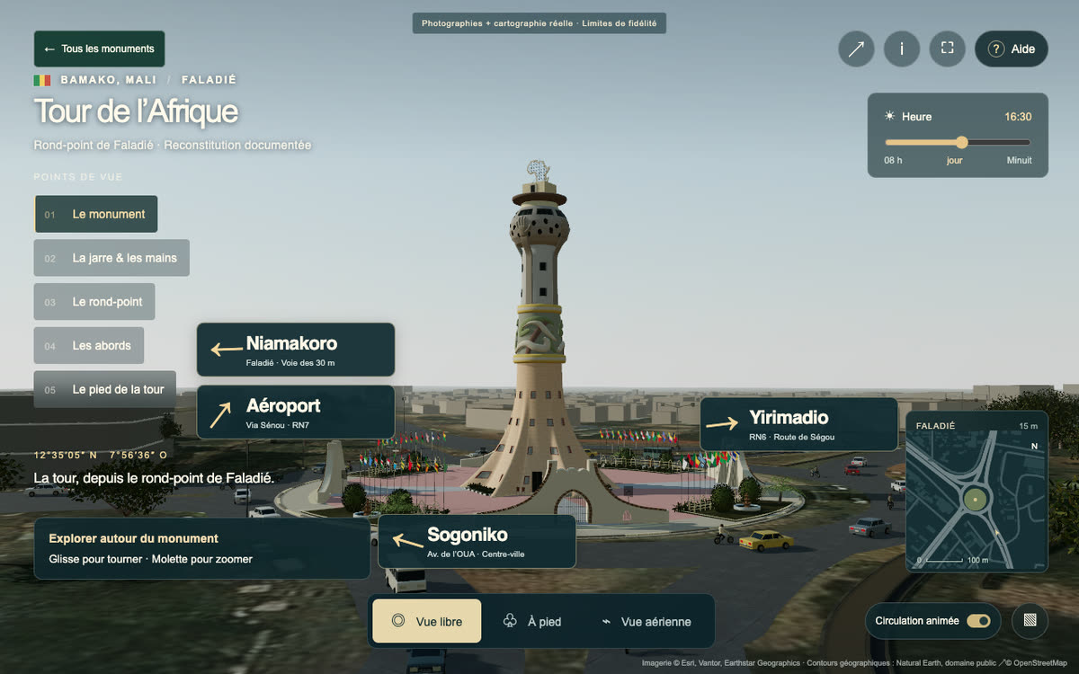 The 3D Tour d'Afrique with the visit's interface: points of view, road directions and a small map.